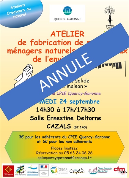 Atelier Créateurs au naturel : Fabrication de produits ménagers - Samedi 24 septembre - Cazals (82) - ANNULE